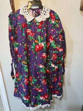 VTG Wee Clancy Girls Dress Size 6 Purple Floral Lace Collar Puff Sleeve 80s 90s